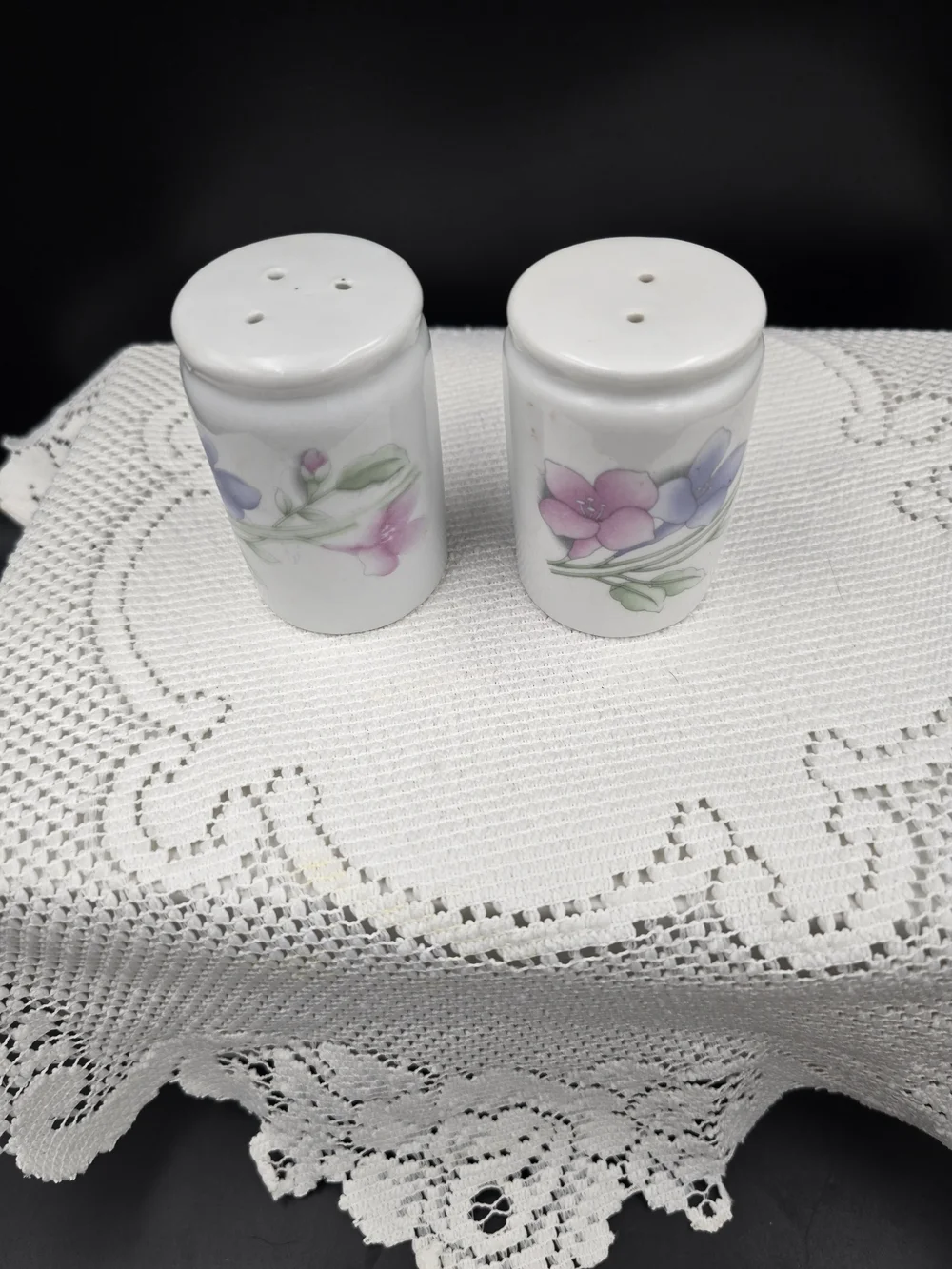 Porcelain Floral Salt and Pepper Shakers - White with Pink & Lavender Flowers